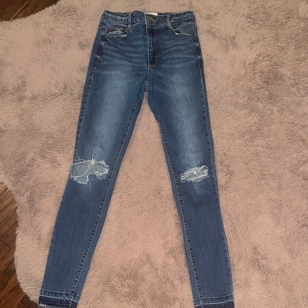 Garage Dark Blue Distressed Denim Ankle Jeans Fitted Skinny Blue Jean Pants sz 0 - Picture 5 of 10